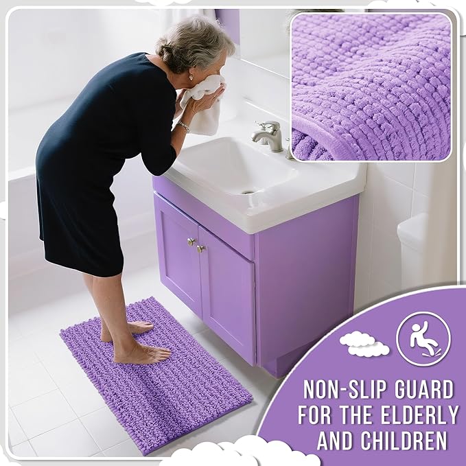 Yimobra Large Bathroom Rugs Non Slip Washable 36x24 Inch - Ultra Soft Absorbent Chenille Bath Mat, Quick Dry Shaggy Floor Carpet for Tub Shower, Lavender Home Decor Accessories