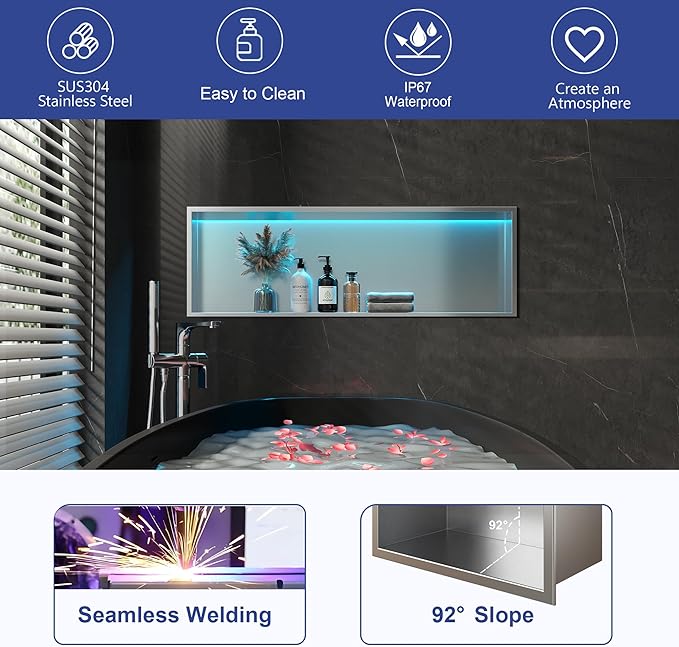 36X12 RGB Shower Niche, Brushed Nickel Stainless Steel LED Wall Niche, No Tile Needed Wall Cabinet for Bathroom Storage, 3000K Warm Light