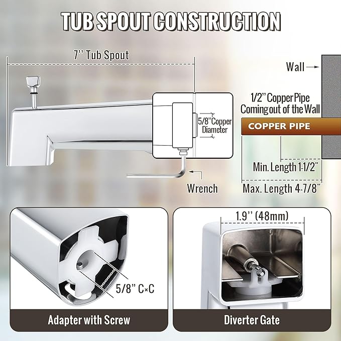Enhon 7 Inch Slip on Tub Spout with Diverter, Compatible with Moen 3839/Moen 3853, Bathtub Diverter Spout Fits 1/2" Copper Water Tube(5/8" Diameter), 5/32" Hex Wrench(Chrome,Square)