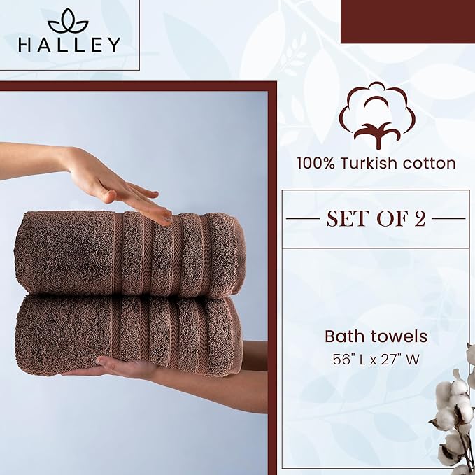 HALLEY Turkish 2 Pack Premium Bath Towels (2 Pieces) 650 GSM Highly Absorbent Super Soft 100% Cotton - 2 Bath Towels (Brown)