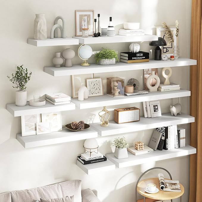 30 Inch Floating Shelves for Wall Set of 2, 12"D Wood Grain Bathroom Shelves with Invisible Brackets, Easy Install Engineered Wood Storage Shelves for Kitchen, Living Room, Bedroom, White Finish