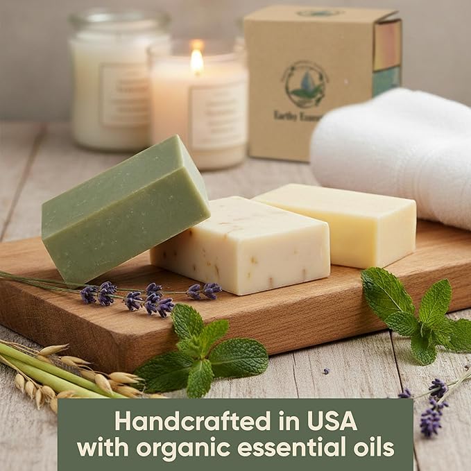 Organic Bar Soap Set – Handmade Natural Soap Bars with Essential Oils – Oatmeal Lavender, Lemongrass & Green Tea Peppermint (3.25 oz Each, 3 Bars)