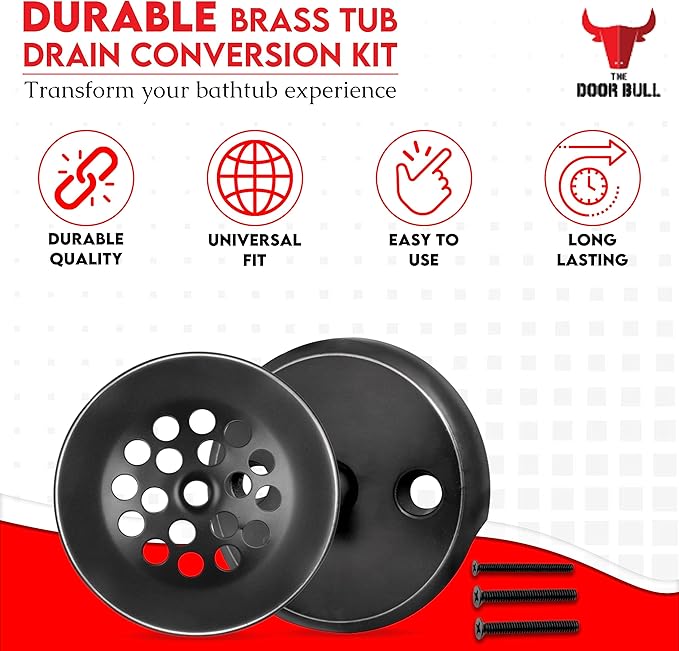 Trip Lever Bathtub Drain Kit with Strainer – 2-Hole Overflow Faceplate, Matching Screws – Tub Drain Trim Replacement Set for Bathroom Bathtubs