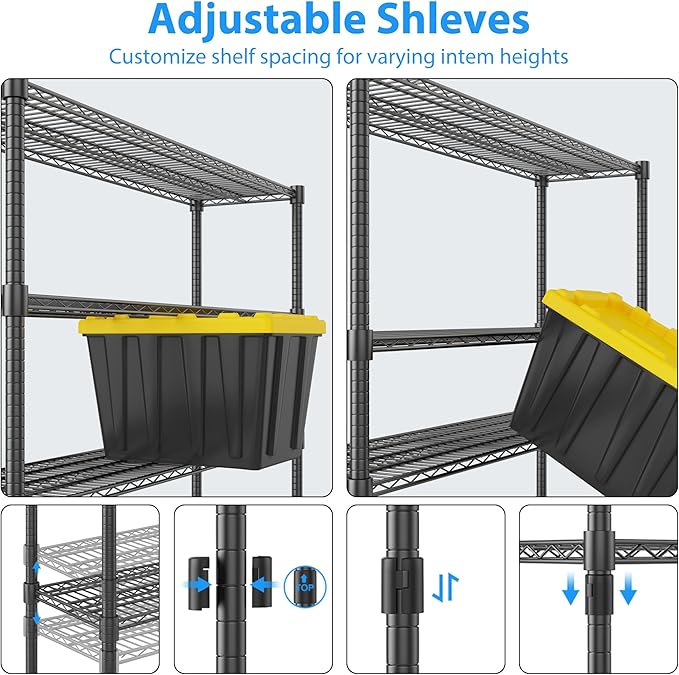 Homdox Heavy Duty Metal Shelves for Storage, 5 Tier Storage Racks and Shelving, Commercial Adjustable Wire Shelving Unit on Wheels, Garage Rack Pantry Shelves Kitchen Shelving, 18"x60"x82", Black