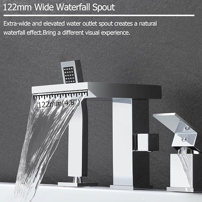 Waterfall Roman Tub Faucet with Hand Shower, Deck Mount Tub Filler Bathtub Faucet with Sprayer, Brass Widespread 3 Hole Bathtub Shower Faucet Set, Chrome
