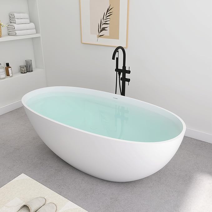 SJ STAR&JANE 61" Solid Surface Freestanding Bathtub, Oval Soaking Tub with Overflow and Pop-up Drain for Bathroom