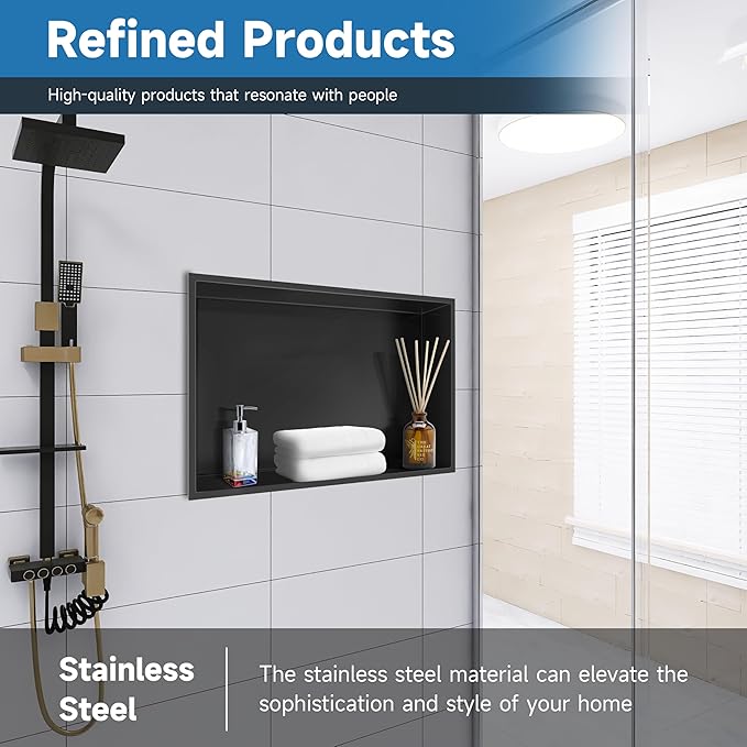 18" X 12" Shower Niche Insert Tile Ready, Niche for Shower Wall, Stainless Steel Recessed Shelf No Tile Needed for Bathroom Storage, Matte Black