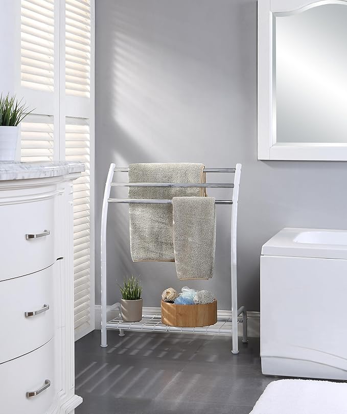 SunnyPoint Freestanding 3 Hanging Bar Towel Rack with Bottom Shelf (WHT)