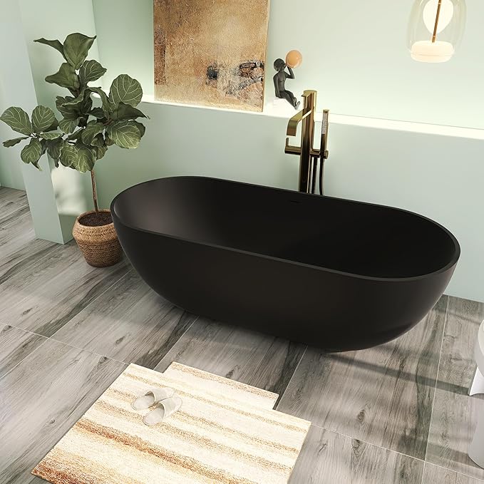 69" Premium Solid Surface Freestanding Bathtub, Upgraded Stone Resin Tub with Overflow and Pop-up Drain, Matte Black