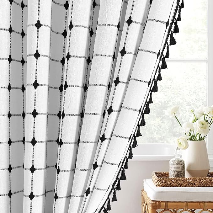 MitoVilla Ivory Boho Black Farmhouse Shower Curtain Set 72 x 78, White 78 inch Long Polyester Linen Tassel Fabric Shower Curtain Set for Chic Cottagecore French Rustic Bathroom Decor