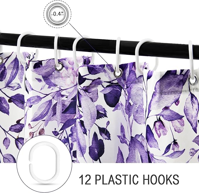 Gibelle Long Shower Curtain 72 x 78, Purple Floral Shower Curtain for Bathroom, Watercolor Plant Eucalyptus Leaves Fabric Shower Curtain Set