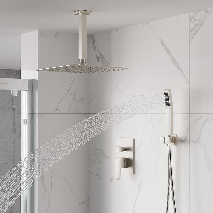 WELLFOR 12-In Ceiling Mount Shower System with Single Handle, Pressure-balanced Valve Included, Waterfall Dual Head Shower Head System, Rain Shower System, Shower Faucet Trim Kits, Brushed Nickel