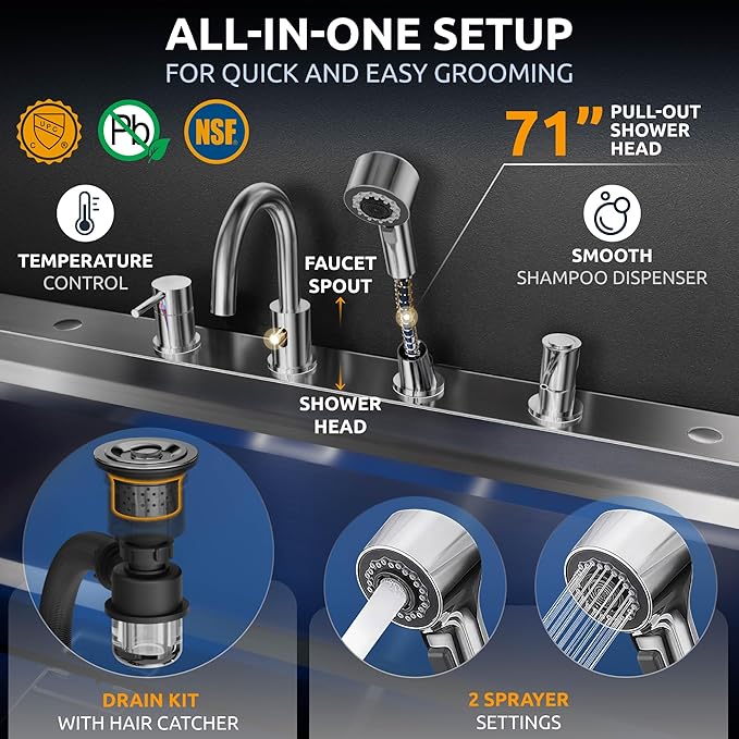 KANIS Black Line Professional Dog Washing Station - 304 Stainless Steel Pet Wash Sink & Grooming Bathtub w/Shower, Floor Grates and Storage for Large, Medium & Small Pets (40", 1 Drawer - Left Ramp)