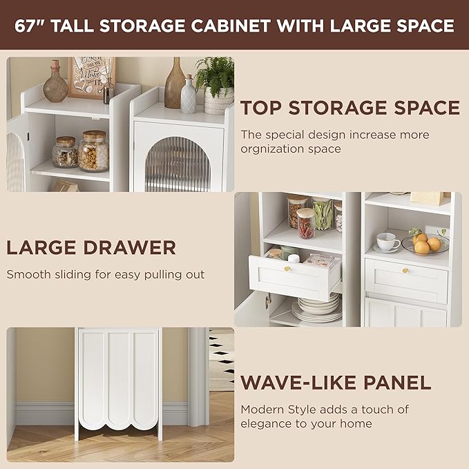 Maupvit 68” Tall Slim Bathroom Storage Cabinet, Narrow Cabinet with Drawer and Fluted Glass Door, Wave-Like Panel, 3-Tier Adjustable Shelves, 14.9" Wide for Small Space, 8 Compartments, White