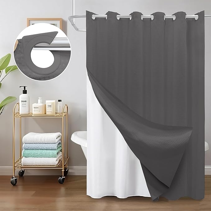 Inhousolu No Hook Waffle Weave Shower Curtain with Removable Snap in Fabric Liner Set for Bathroom, 230 GSM Heavy Duty Weighted Hem, Water Repellent Washable Bath Curtains, 72 x 72 Inch, Graphite Grey