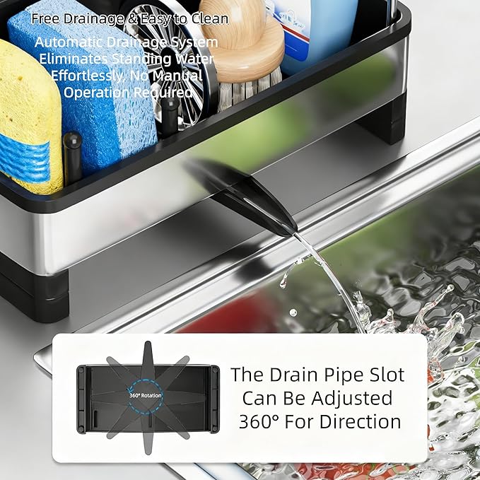 Stainless Steel Sink Caddy Organizer with Auto-Drain & Removable Brush Holders Rustproof Sponge Holder for Kitchen Sink, Countertop Storage for Soap Dispenser,Dishcloth & Kitchen Accessories