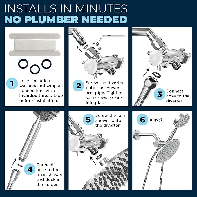 HammerHead Showers® Solid Metal Dual Shower Head Combo – CHROME – 8 Inch Rainfall High Flow Shower Head & Handheld Shower Head High Pressure with Hose 6ft - Hotel-Like Double Shower Heads