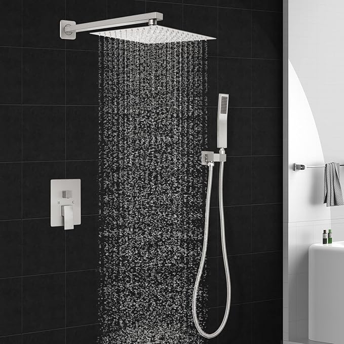 Brushed Nickel Square Shower Head with Handheld Set, Rainfall Shower System Modern Wall Mounted Shower Faucet for Bathroom 12 inch (With Shower Valve)
