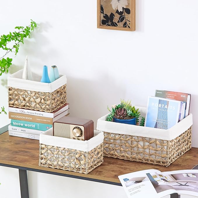 Vagusicc Wicker Basket, Set of 3 Hand-woven Water Hyacinth Storage Baskets for Organizing, Large Wicker Storage Basket Bins with Handles, Small Toilet Paper Storage Baskets for Shelves & Decor