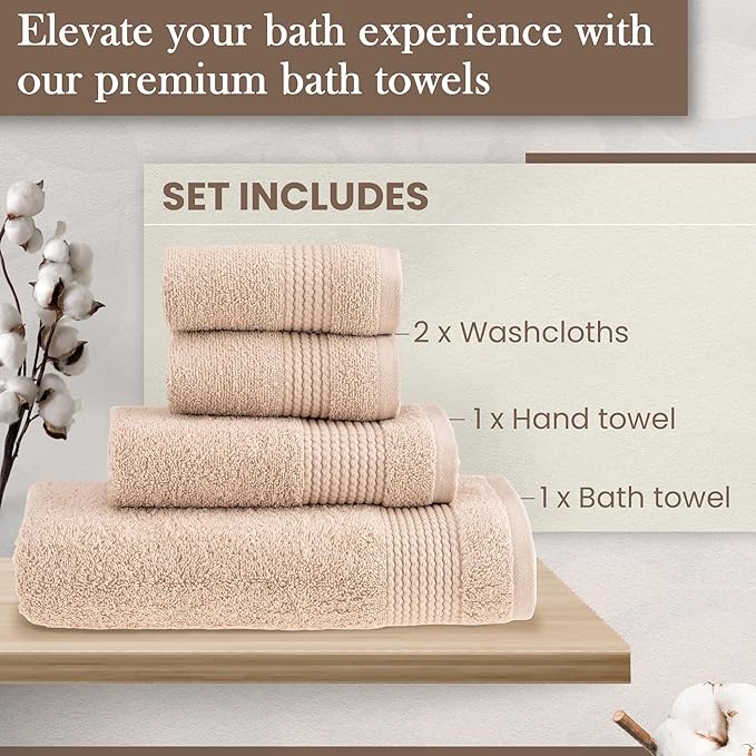 HALLEY Turkish Cotton Towels (Set of 4) 1 Bath Towel 1 Hand Towel 2 Washcloths, Super Soft Highly Absorbent 100% Cotton Towels for Bathroom and Kitchen for Mother’s Day (Tan)