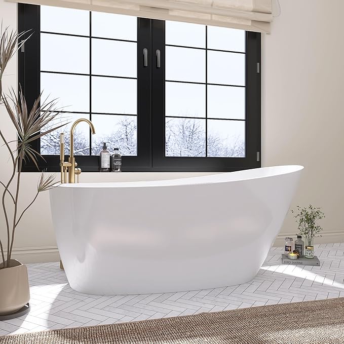 67" Free Standing Tub, Pure Acrylic Freestanding Bathtub, Stylish Stand Alone Tub, Contemporary Deep Soaking Bath Tub, cUPC Certified SY9970 (Glossy White)