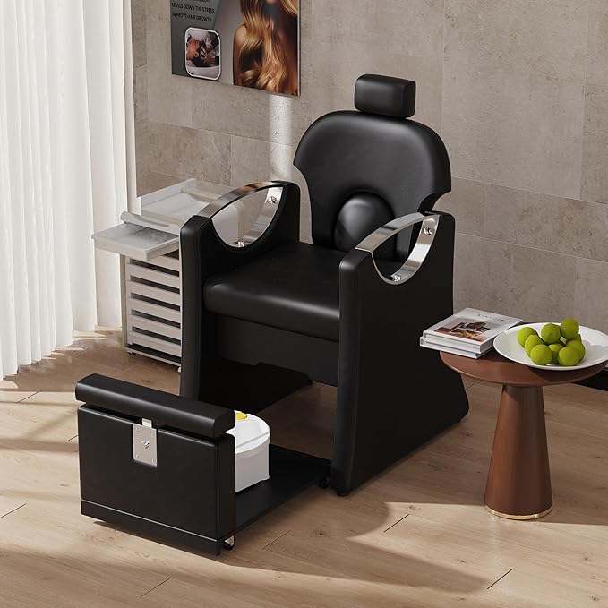 Pedicure Station for Nail Tech, Reclining Pedicure Chair with Massage Foot Bath, No Plumbing Pedicure Station Unit (Black-Sliver)