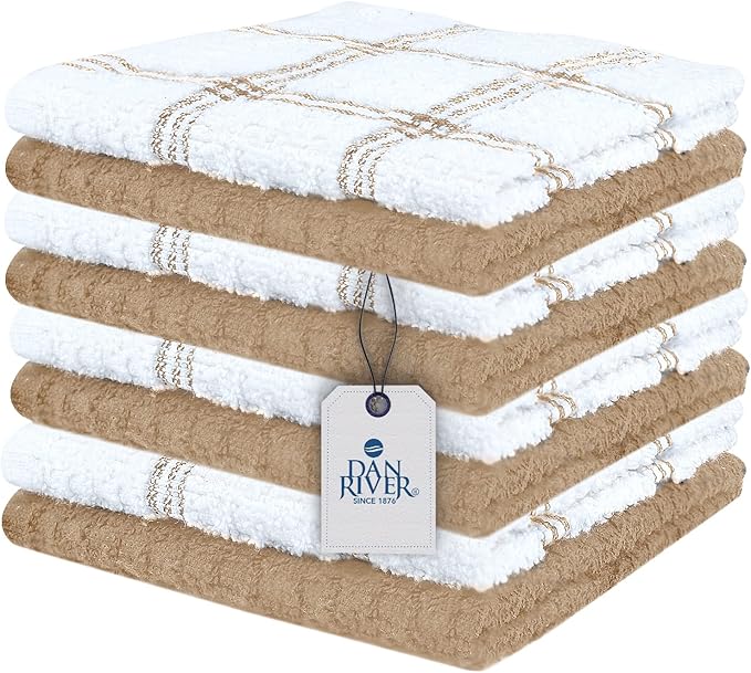 DAN RIVER Premium Dish Cloth 100% Cotton 12 X 12 Inches |Pack of 8|-Ultra Soft Tea Towels-Highly Absorbent Kitchen Rags-Terry Dishcloth for Kitchen and Household Cleaning |Tan|