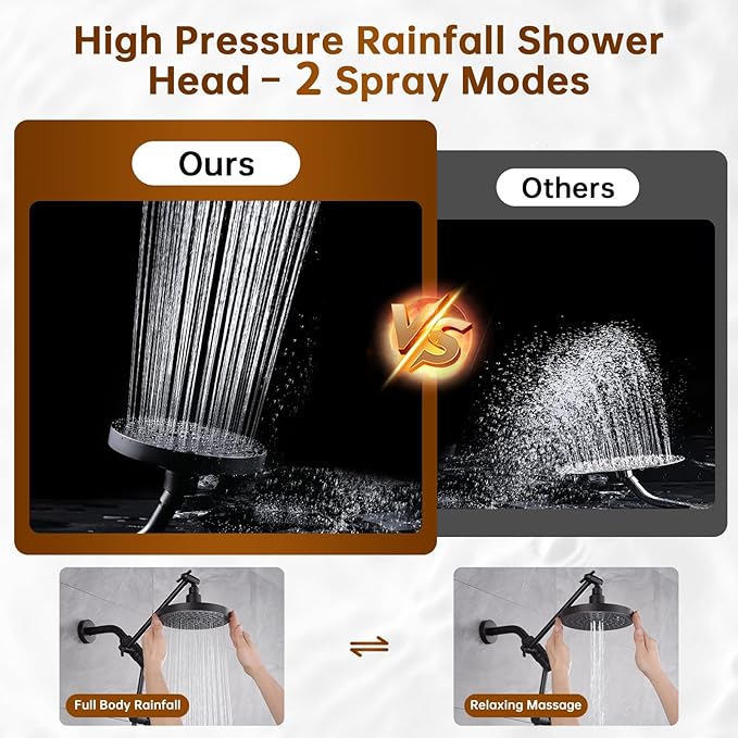 BRIGHT SHOWERS Rain Shower Head with Handheld Spray Built-in Power Wash, High Pressure Dual Shower Head with Height Adjustable Extension Arm, 3-Way Diverter, 9 Settings Handheld, 69” Long Hose, ORB