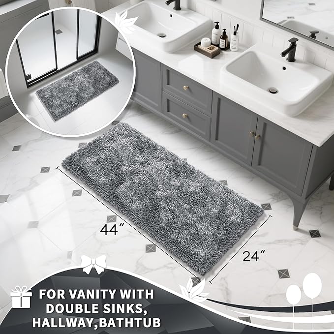 Yimobra Luxury Chenille Bathroom Rug Mat, Extra Soft and Absorbent Shaggy Bath Rugs Non Slip, Machine Washble Dry, Plush Floor Carpet for Tub, Shower, and Bath Room, 44x24 Inch, Silver