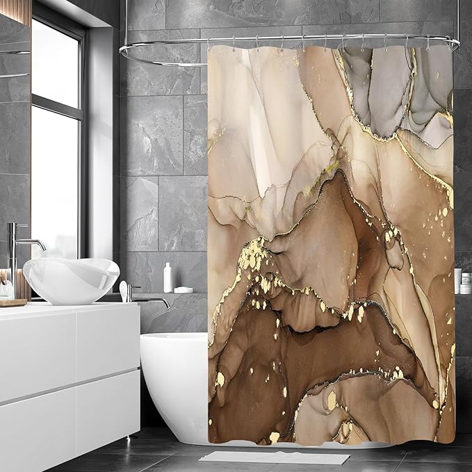 Extra Wide Marble Shower Curtain 108 x 72, Brown Abstract Shower Curtains for Claw Foot Tub, Modern Luxury 108 inch Long Shower Curtain Set with 18 Pack Plastic C-Hooks