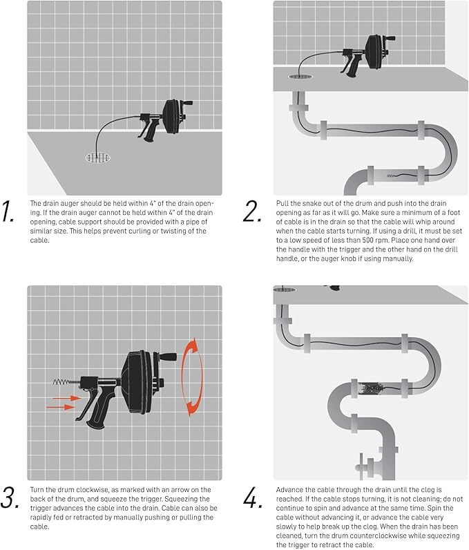 DrainX SPINFEED 50 Foot Drum Auger | Use Manually or Drill Powered - Auto Extend and Retract Plumbing Snake | Work Gloves and Storage Bag Included