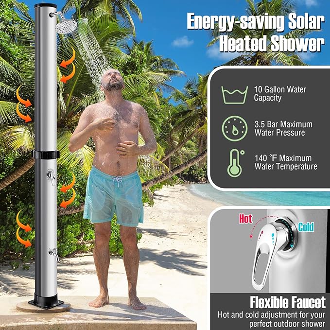 LDAILY Outdoor Shower, 10 Gallon Solar Heated Pool Shower with 360° Rotating Shower Head & Foot Tap, 7.2FT Freestanding Outside Shower Kits for Backyard, Beach, Garden (Black+Silver)