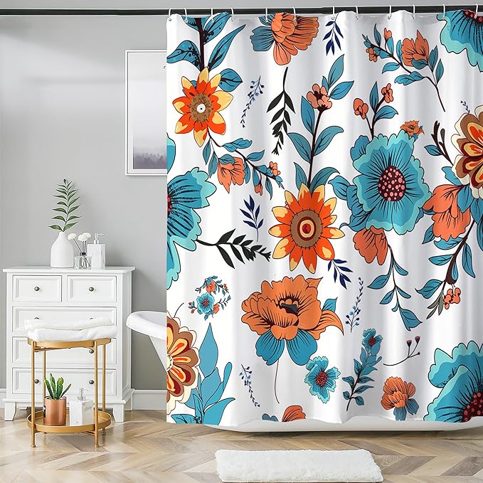 Bohemian Shower Curtain, Boho Floral Print Water Repellent Polyester Fabric for Bathroom Decor, 72×72 Inch Standard Size with 12 Hooks, Also as Room Divider