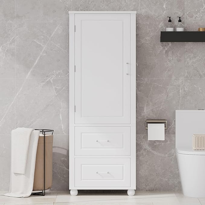 Tall Bathroom Storage Cabinet with Door and Shelves, Kitchen Pantry Linen with 2 Drawers for Home, Living Room, Dining Room, White