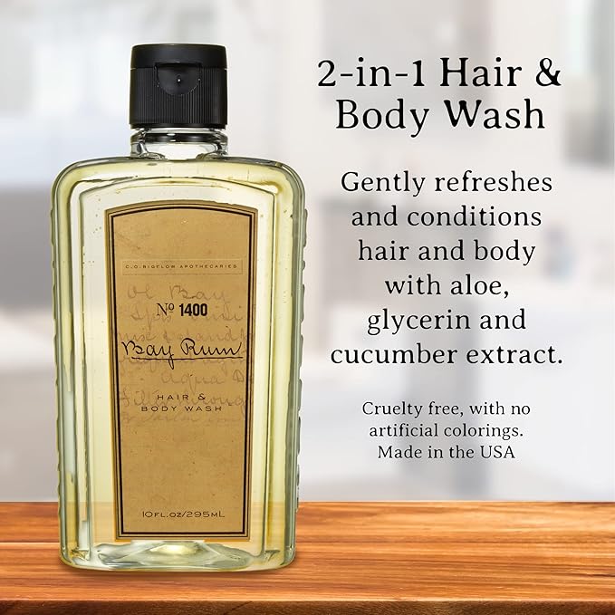 C.O. Bigelow Bay Rum Hair & Body Wash for Men, Citrus Spice Scented Men's 2 in 1 Shampoo & Body Wash with Aloe Vera, 10 Fl Oz
