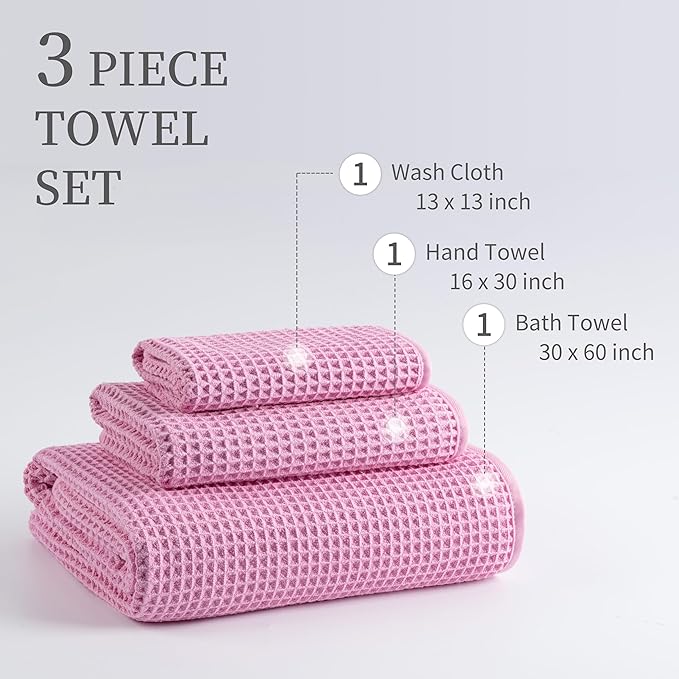 New Microfiber Waffle Bath Towels, 3 Pieces, Oversized, Soft, Absorbent, Fast Drying, Lint Free, Includes Bath, Face and Hand Towels