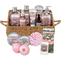 Bath Spa Gift Sets - Luxury Basket With Rose Oil & Peony - Spa Kit Includes Wash, Bubble Bath, Lotion, Bath Salts, Body Scrub, Body Spray, Shower Puff, Bathbombs, Soap and Towel