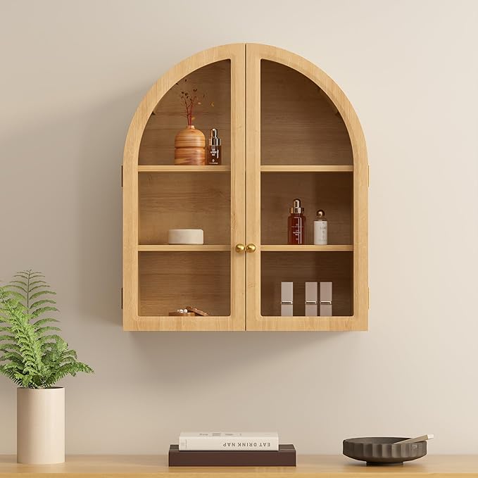 Small Arched Bathroom Wall Cabinet Modern Wooden Medicine Cabinet with Acrylic Doors Farmhouse Wall Mounted Cupboard Storage Organizer for Laundry Room, Dining Room, Natural Oak