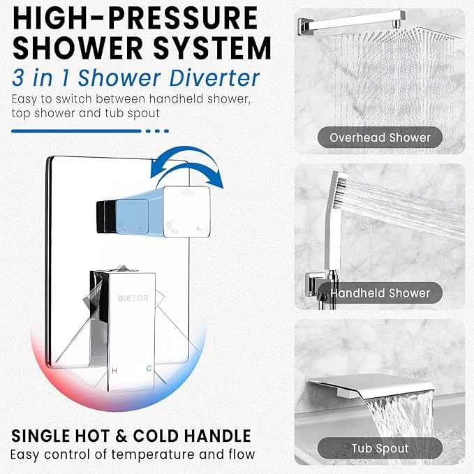 Wall Mounted Shower Faucet Set, Shower System with Tub Spout, 12 Inch Rainfall Shower Head with Handheld Spray, Waterfall Tub Spout Bathtub Faucet, Chrome