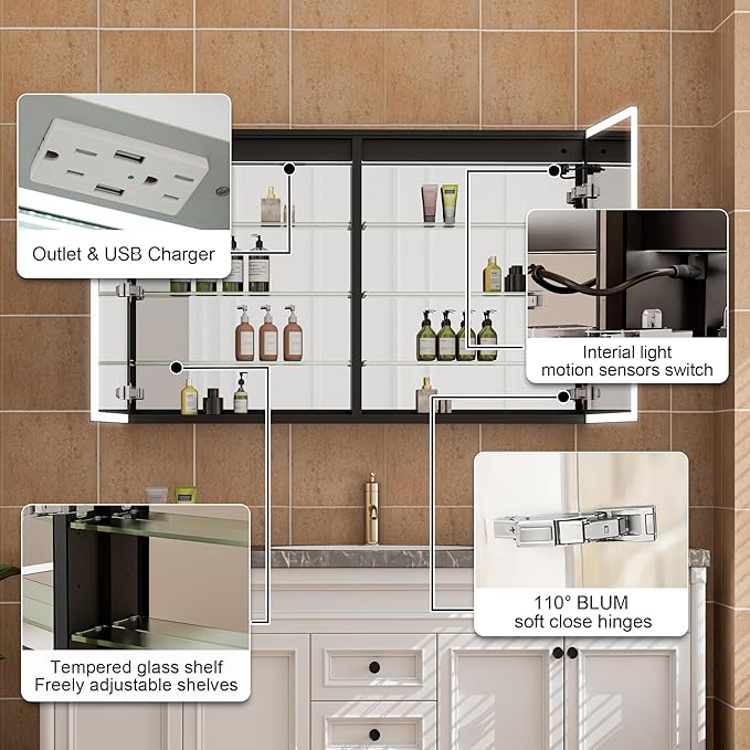 WELLFOR 48" X 30" LED Mirrored Medicine Cabinet, Medicine Cabinets with Lights for Bathroom, Defogging Function Mirror Cabinet, Bathroom Medicine Cabinet with USB Port & Outlet, Double Opening Doors