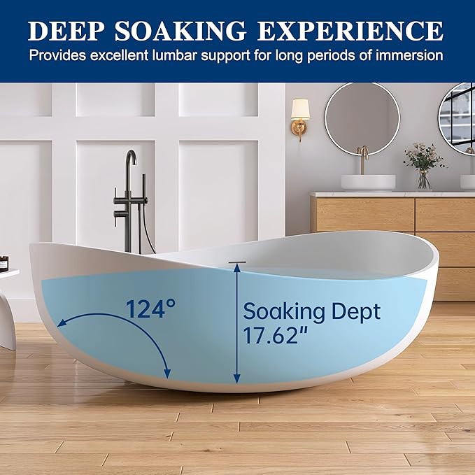 Stone Resin Freestanding Bathtub 71", Elegant Oval Shape Soaking Tub, Solid Surface Stand Alone Bathtub with Drain & Integrated Slotted Overflow Matte White AMMG015-1800