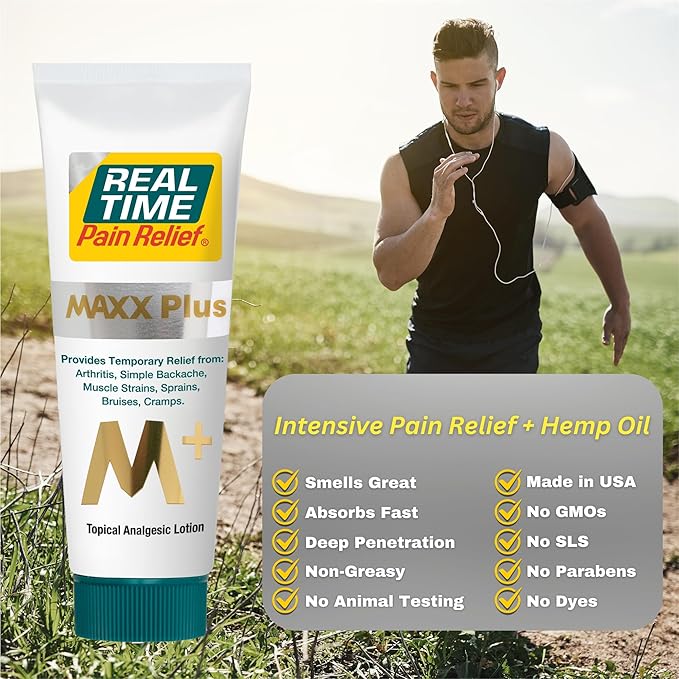 Real Time Pain Relief MAXX Plus - 3oz Tube | Intensive Formula with 19 Natural Ingredients Including Hemp Oil | Fast-Acting Relief for Muscle Pain, Arthritis, Backaches, and More
