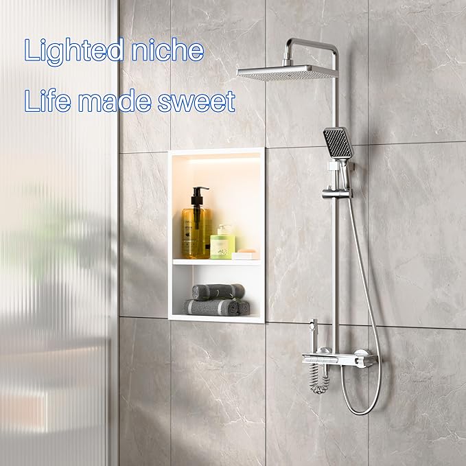 Lighted Shower Niche,Bathroom Wall Niche with LED Light Strip Waterproof,No Tile Needed,Double Shelves Stainless Steel,(Matta White, 18 * 12 * 4 in)