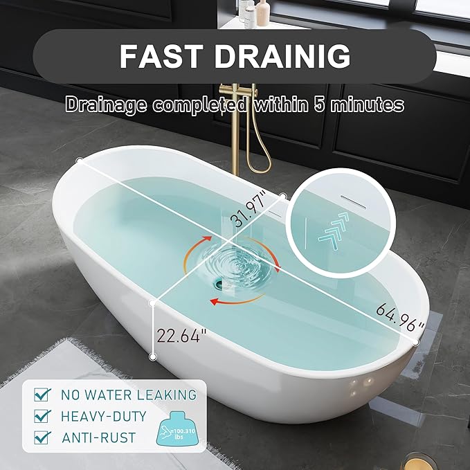 65" Acrylic Freestanding Bathtubs, Stand Alone Tub, Soaking Tubs for Bathroom, Integrated Overflow and Drain, cUPC Certified, Gloss White