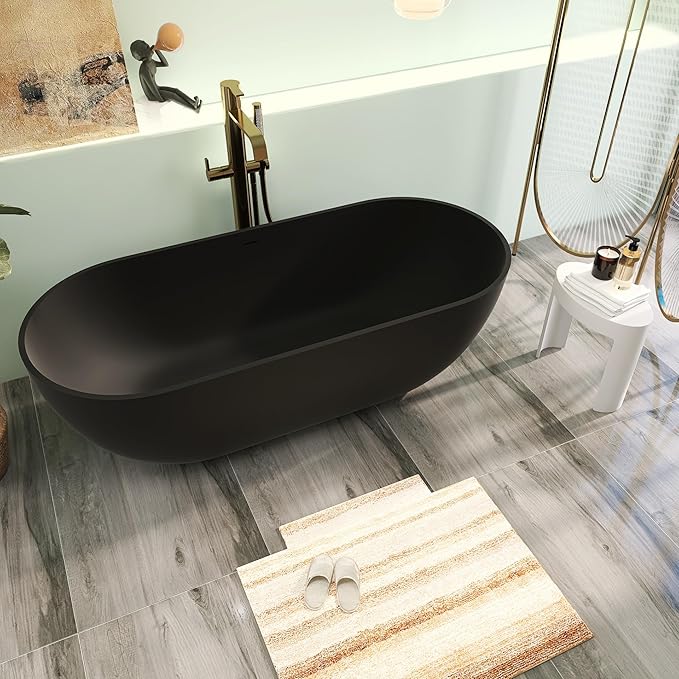 69" Premium Solid Surface Freestanding Bathtub, Upgraded Stone Resin Tub with Overflow and Pop-up Drain, Matte Black