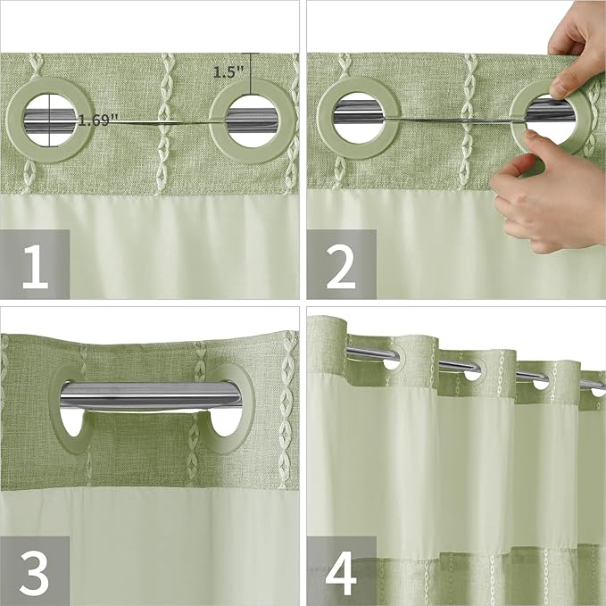 No Hook Stall Shower Curtain with Snap-in Fabric Liner - 54x80 Heavy-Duty Linen Textured Striped Design,Narrow Rustic Modern Farmhouse Bohemian Bathroom Curtain,Water-Repellent,Sage Green