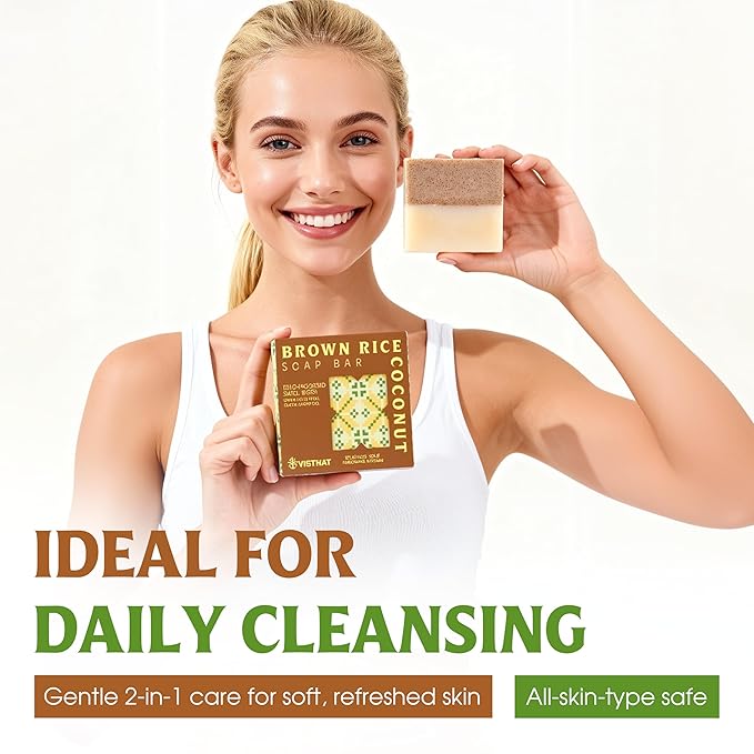Brown Rice & Coconut Milk 2-in-1 Luxurious Natural Soap Bar (4.2 oz) | Gentle Exfoliation & Nourishing Cleanse | Cold-Processed, Handmade in Vietnam for Smooth, Fresh Skin (Pack of 1)
