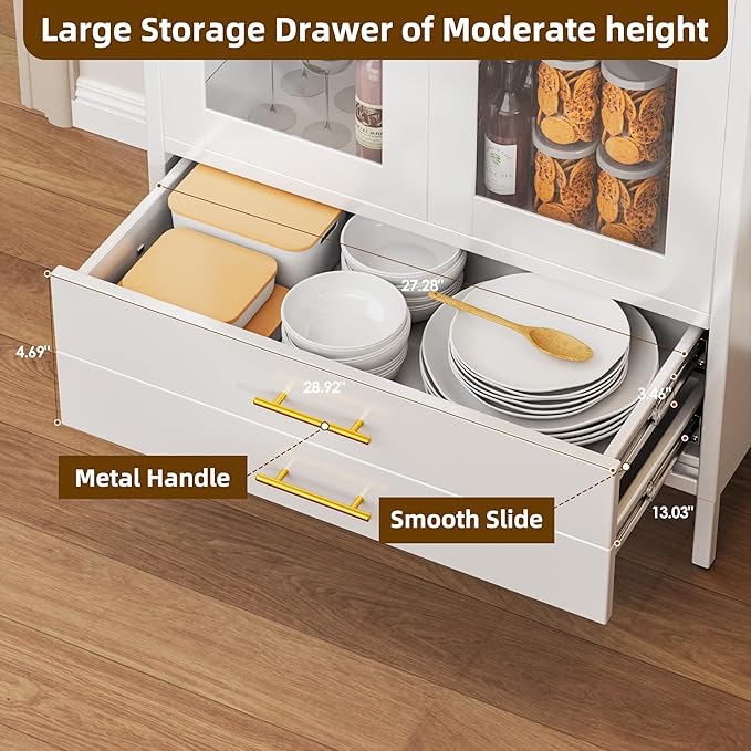 73''H Arched Kitchen Pantry Cabinets with 2 Drawers, Metal Arch Bookcase with Glass Door for Home Office, Assemble Require, White