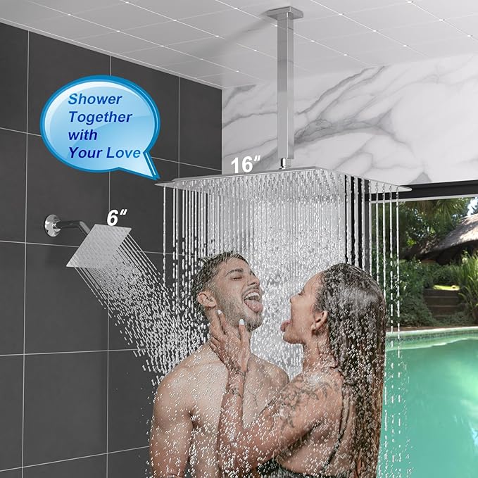 Enga Thermostatic Dual Shower Head System, 16"+6" Rain Shower Heads & Handheld Shower Faucet Set, Can All Run Together & Volume Adjustable, Chrome