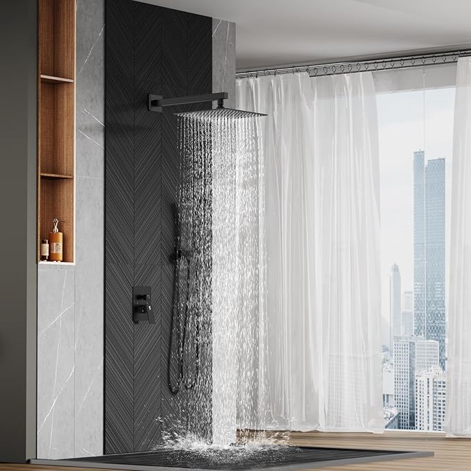 SR SUN RISE 12 Inches Matte Black Shower System 12 Inch Brass Bathroom Luxury Rain Mixer Shower Combo Set Wall Mounted Rainfall Shower Head System Shower Faucet Rough-in Valve Body and Trim Included